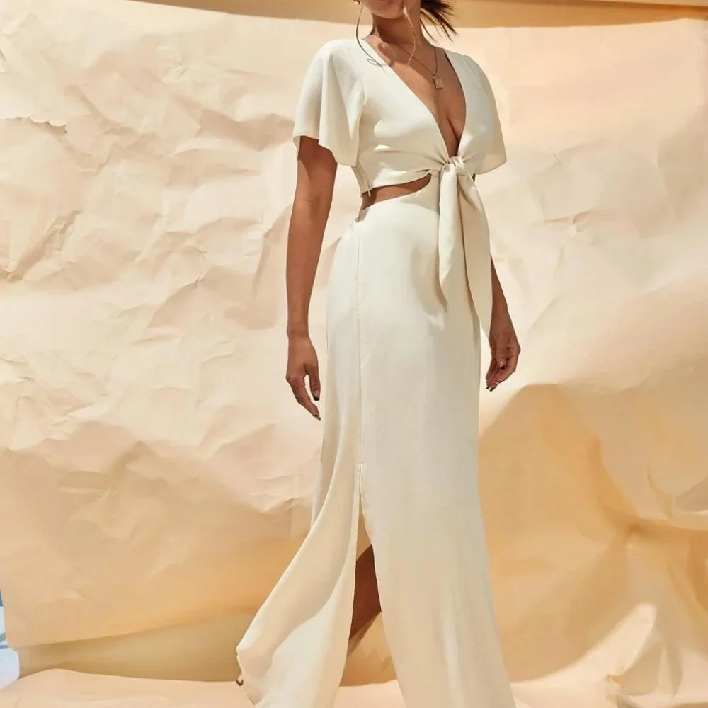 TIE FRONT CUT OUT SPLIT HEM MAXI DRESS BEIGE - Picture 6 of 6